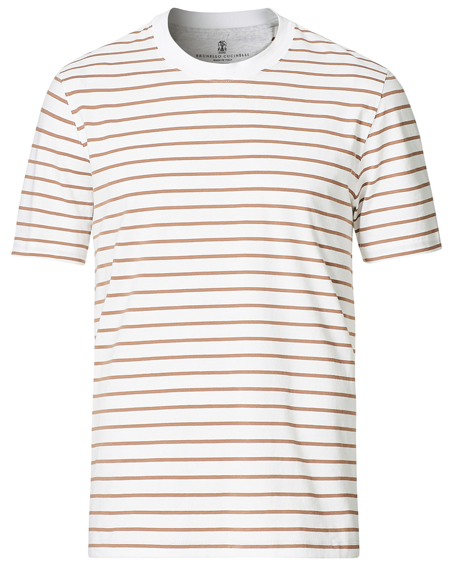 Herre | T-Shirts | Brunello Cucinelli | Breton Stripe Short Sleeve T-Shirt White/Brown