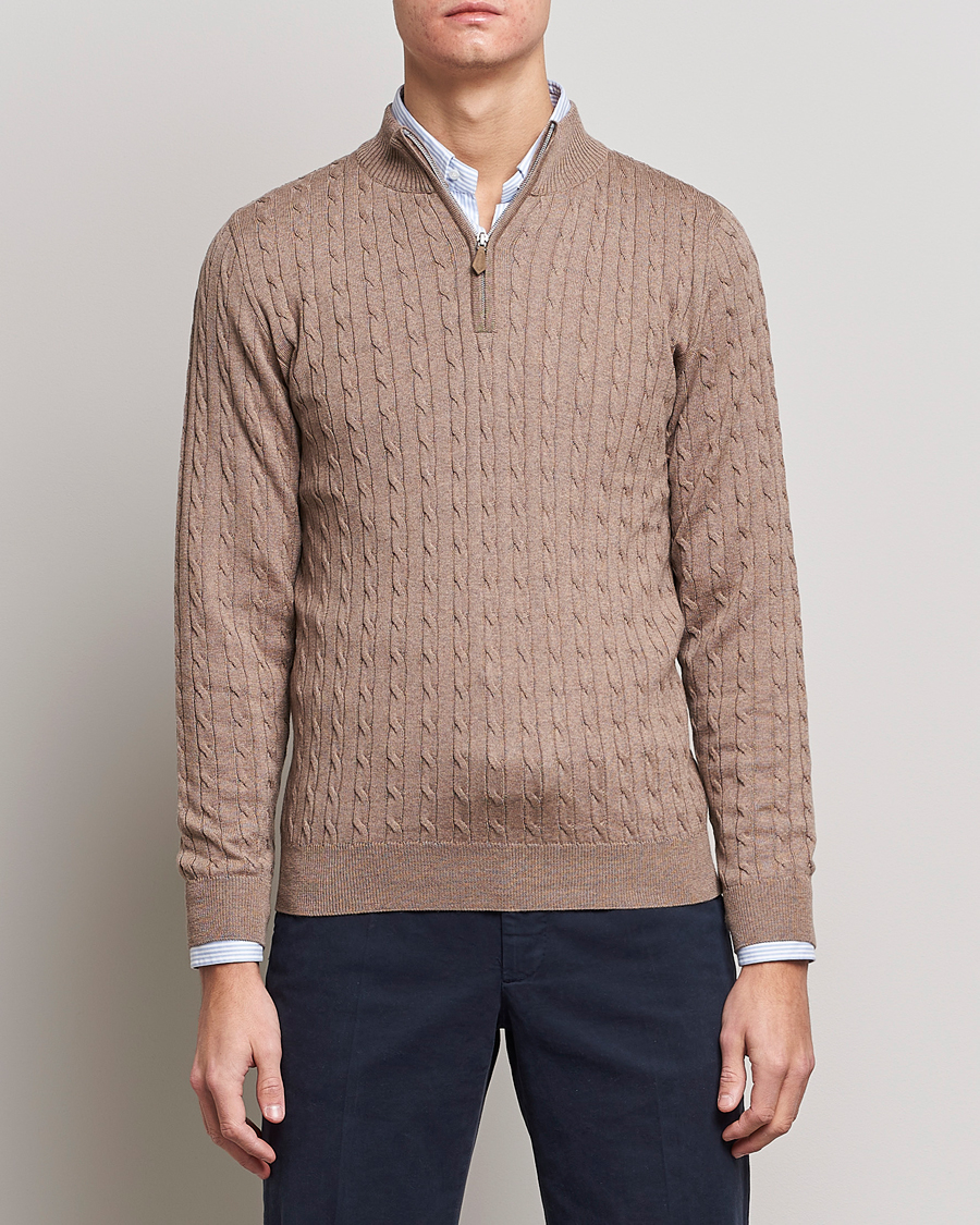 Herre | Gensere | Stenströms | Merino Wool Cable Half Zip Camel