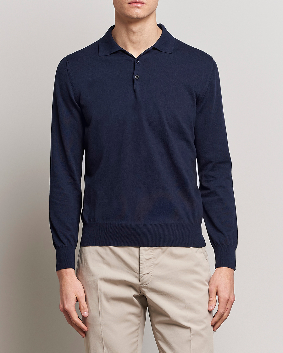 Herre | Quiet Luxury | Canali | Cotton Long Sleeve Polo Navy