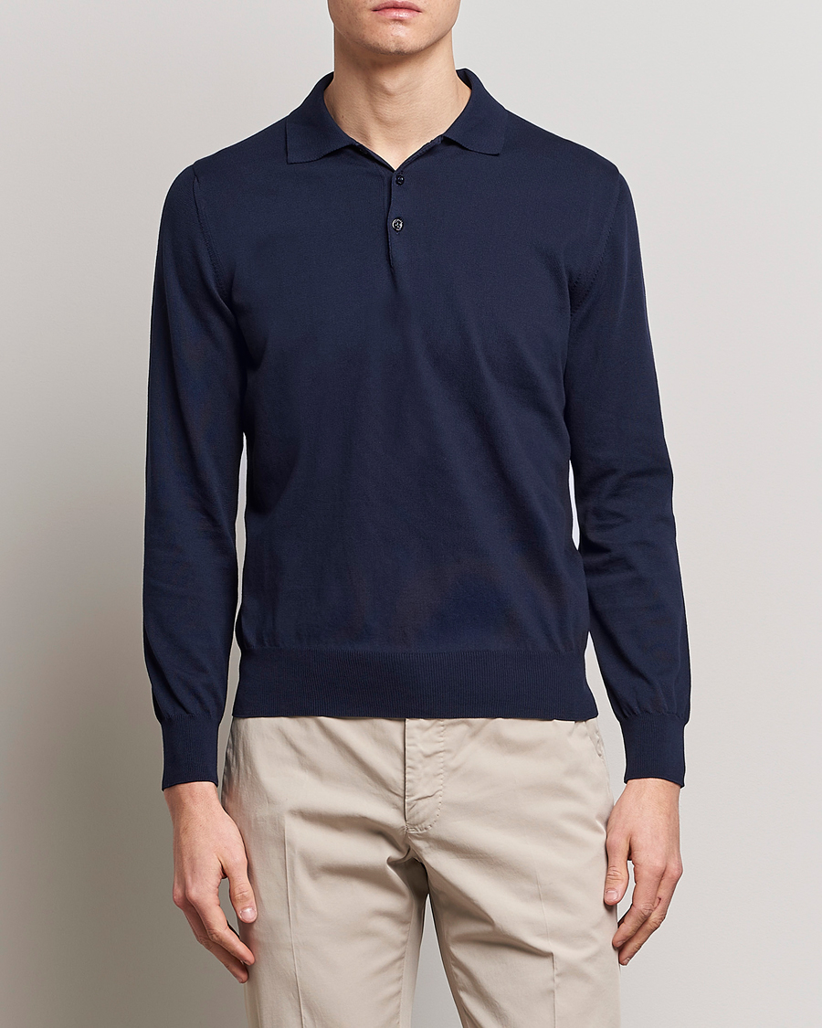 Herre | Strikkede pikéer | Canali | Cotton Long Sleeve Polo Navy