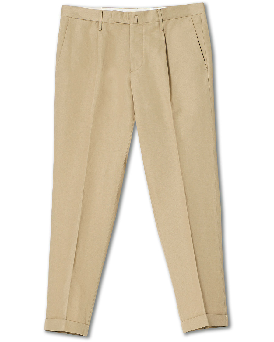 Herre | Bukser | Briglia 1949 | Easy Fit Pleated Linen/Cotton Trousers Beige
