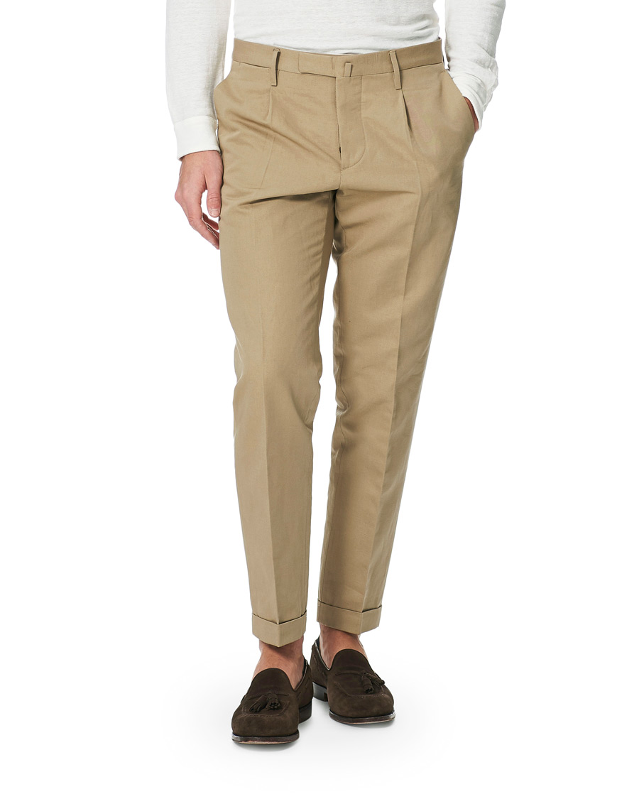Herre | Bukser | Briglia 1949 | Easy Fit Pleated Linen/Cotton Trousers Beige