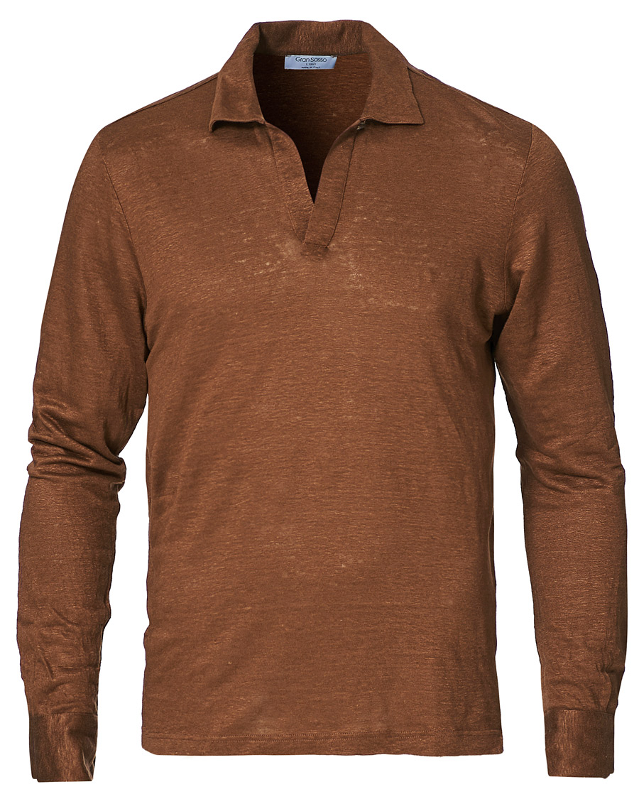 Herre | Gensere | Gran Sasso | Washed Linen Long Sleeve Polo Gold Brown