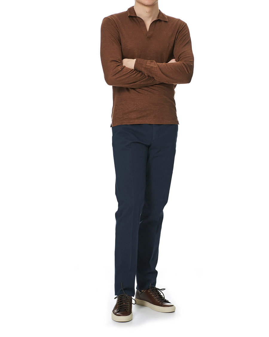 Herre | Gensere | Gran Sasso | Washed Linen Long Sleeve Polo Gold Brown