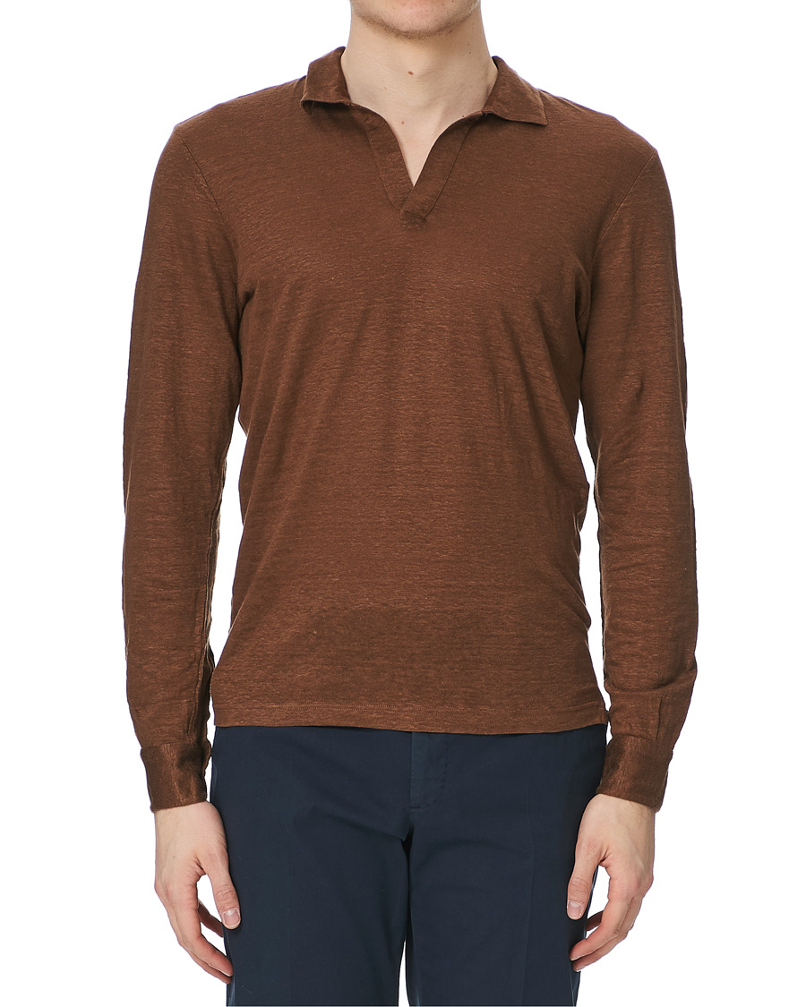 Herre | Gensere | Gran Sasso | Washed Linen Long Sleeve Polo Gold Brown