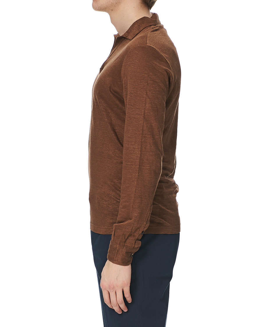 Herre | Gensere | Gran Sasso | Washed Linen Long Sleeve Polo Gold Brown