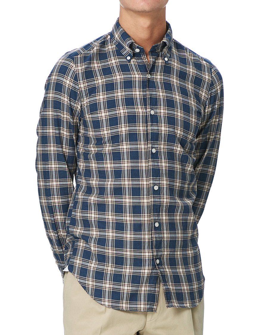 Herre | Skjorter | Finamore Napoli | Tokyo Slim Fit Flannel Button Down Shirt Navy