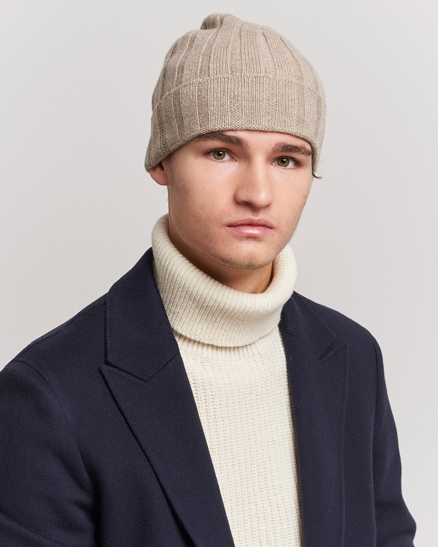 Herre | | Amanda Christensen | Block Rib Knitted Cashmere Cap Beige Melange