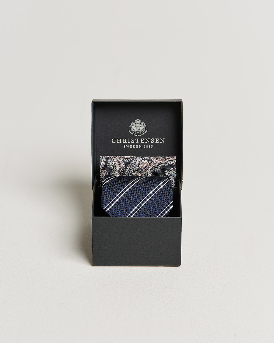 Herre |  | Amanda Christensen | Box Set Silk Striped Tie And Wool Pocket Square Navy
