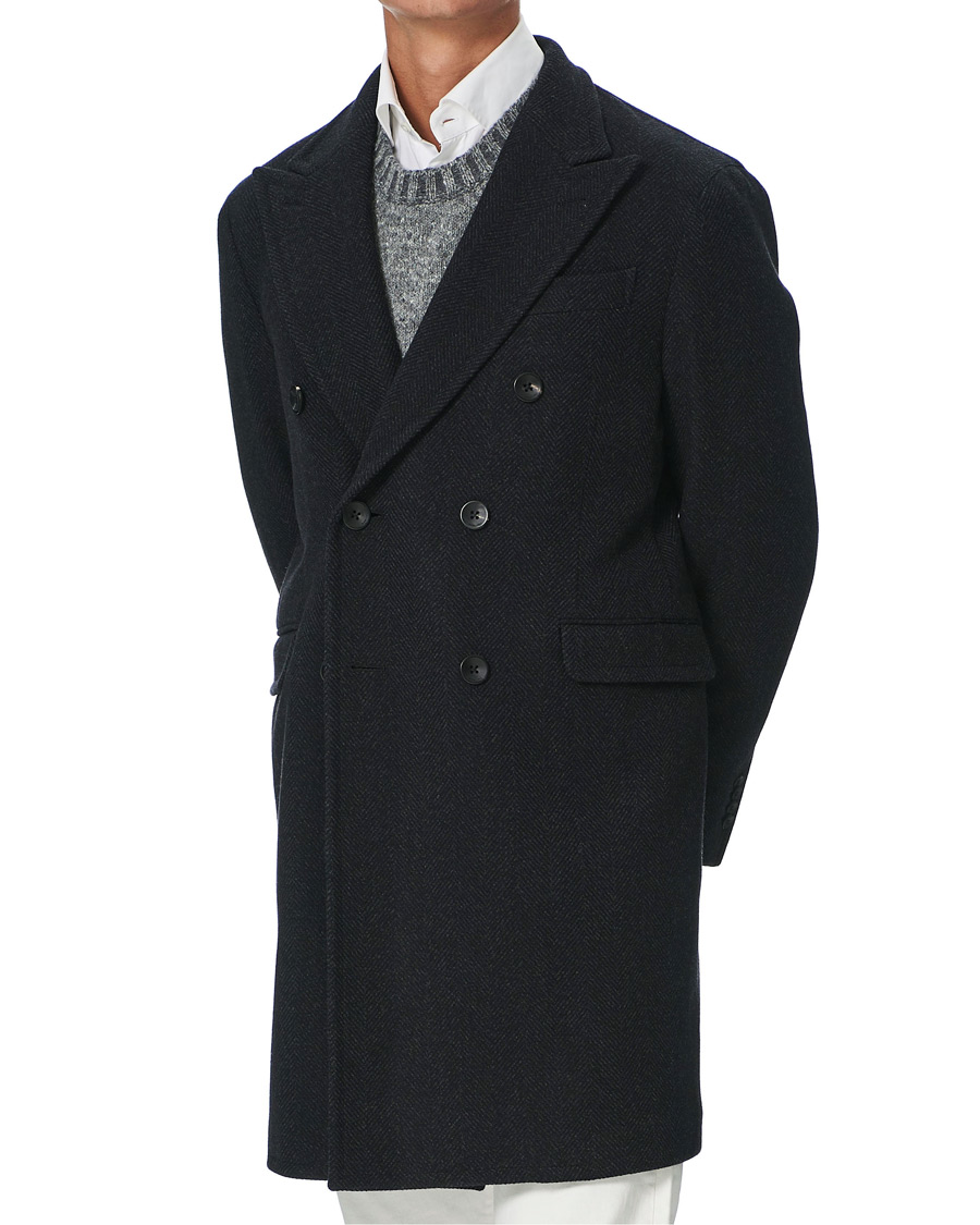 Herre | Jakker | Boglioli | Double Breasted Herringbone Coat Dark Grey