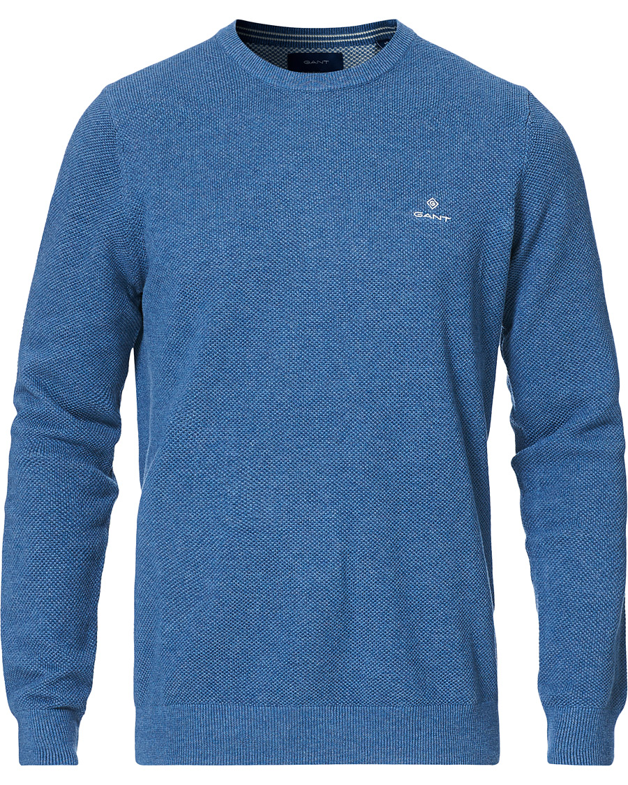 Herre | Gensere | GANT | Cotton Pique Crew Neck Sweater Denim Blue Melange