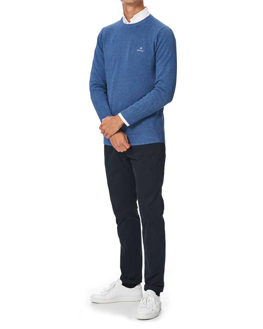 Herre | Gensere | GANT | Cotton Pique Crew Neck Sweater Denim Blue Melange