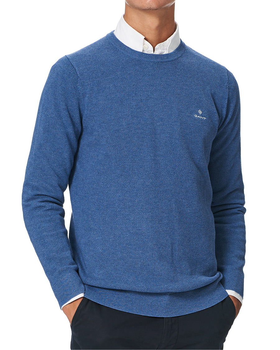 Herre | Gensere | GANT | Cotton Pique Crew Neck Sweater Denim Blue Melange
