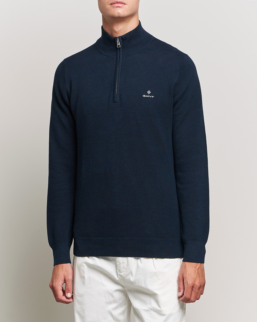 Herre | Gensere | GANT | Cotton Pique Half-Zip Sweater Evening Blue