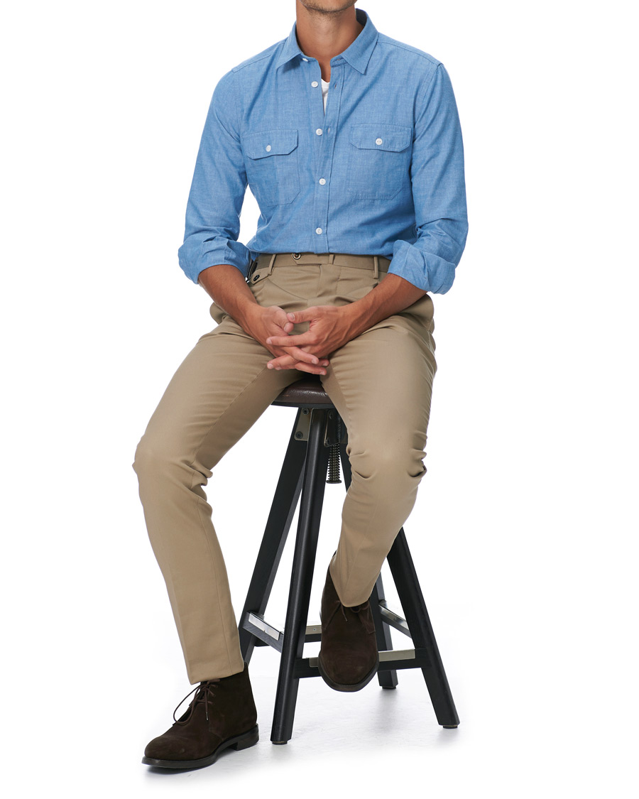Herre | Skjorter | Slowear | Winter Chambray Double Pocket Shirt Light Blue