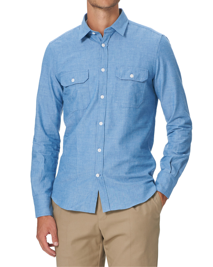 Herre | Skjorter | Slowear | Winter Chambray Double Pocket Shirt Light Blue