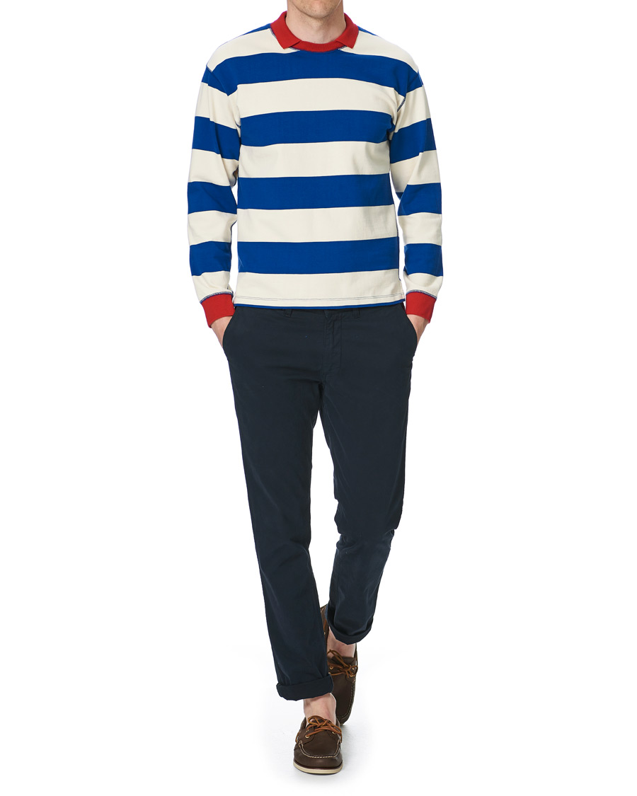 Herre | T-Shirts | Drake's | Mock Collar Long Sleeve Tee Blue/White