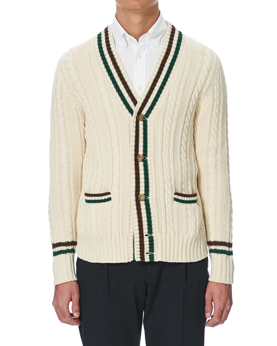 Herre | Gensere | Drake's | Cotton/Cashmere Cricket V-Neck Jumper Ecru