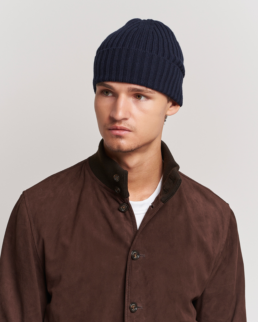 Herre |  | Piacenza Cashmere | Ribbed Cashmere Beanie Navy