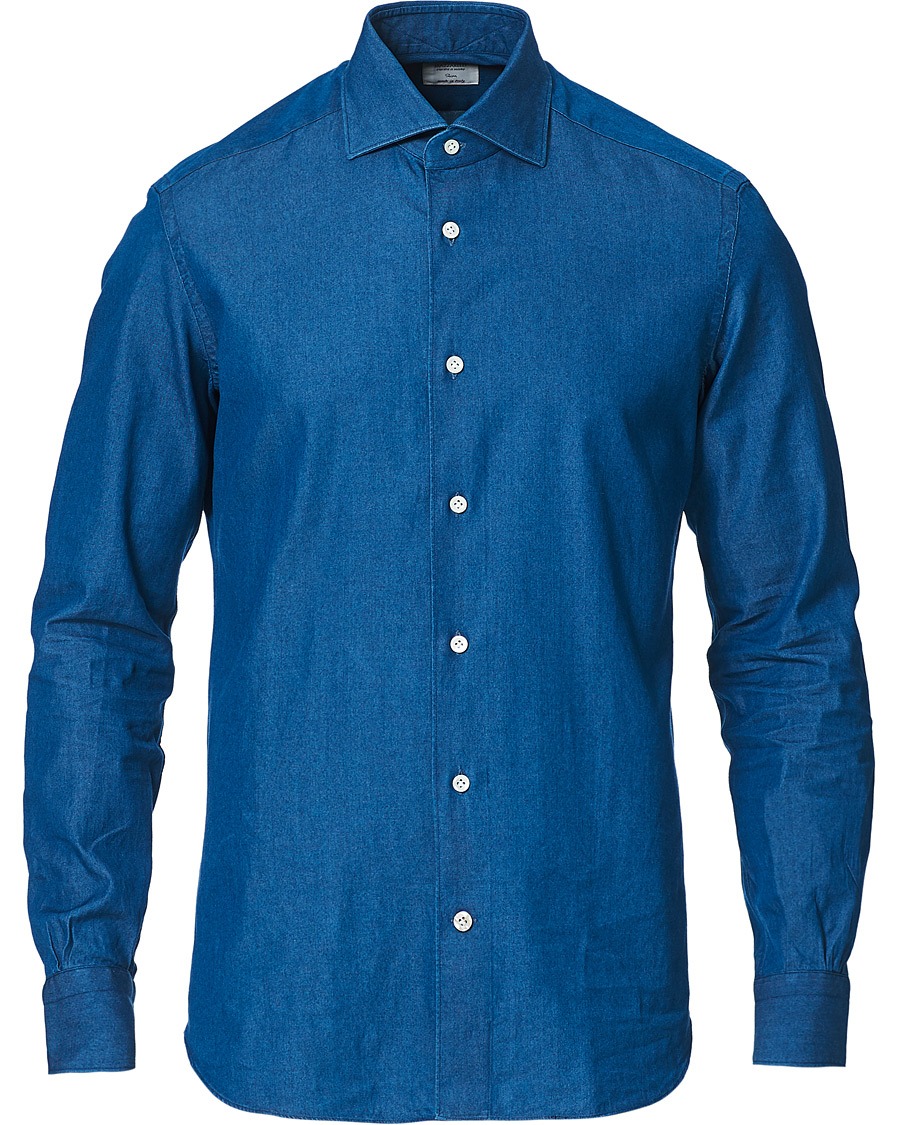 Herre | Skjorter | Mazzarelli | Cut Away Down Denim Shirt Dark Indigo