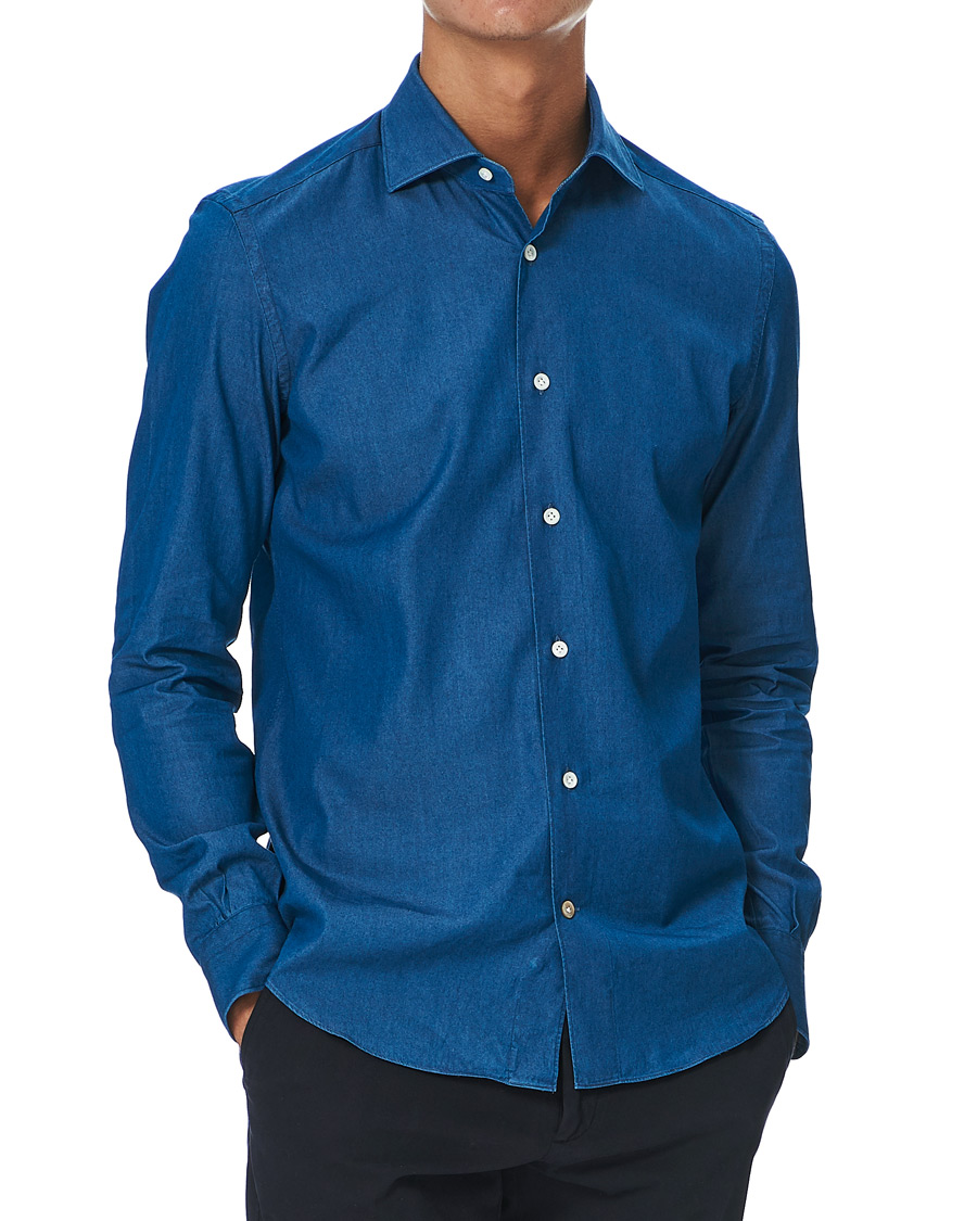 Herre | Skjorter | Mazzarelli | Cut Away Down Denim Shirt Dark Indigo