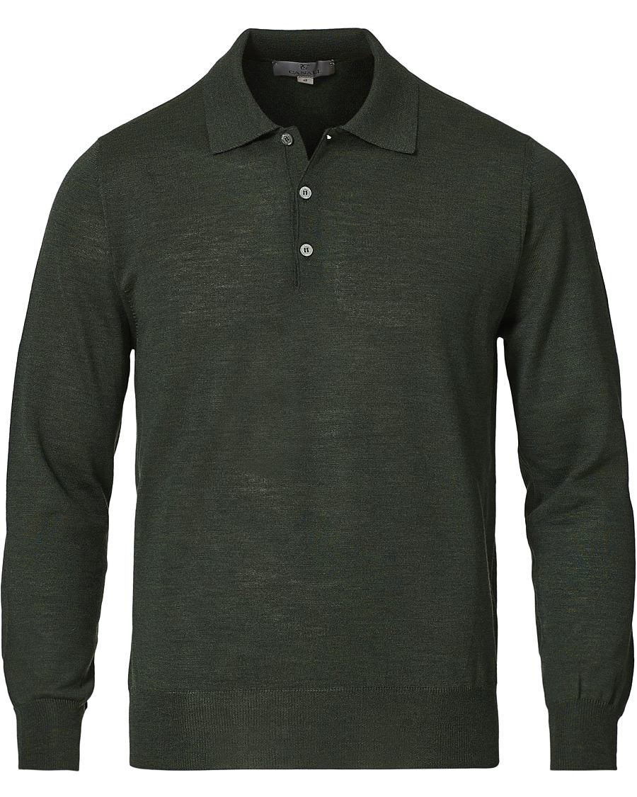 Herre | Gensere | Canali | Merino Wool Knitted Polo Forest Green