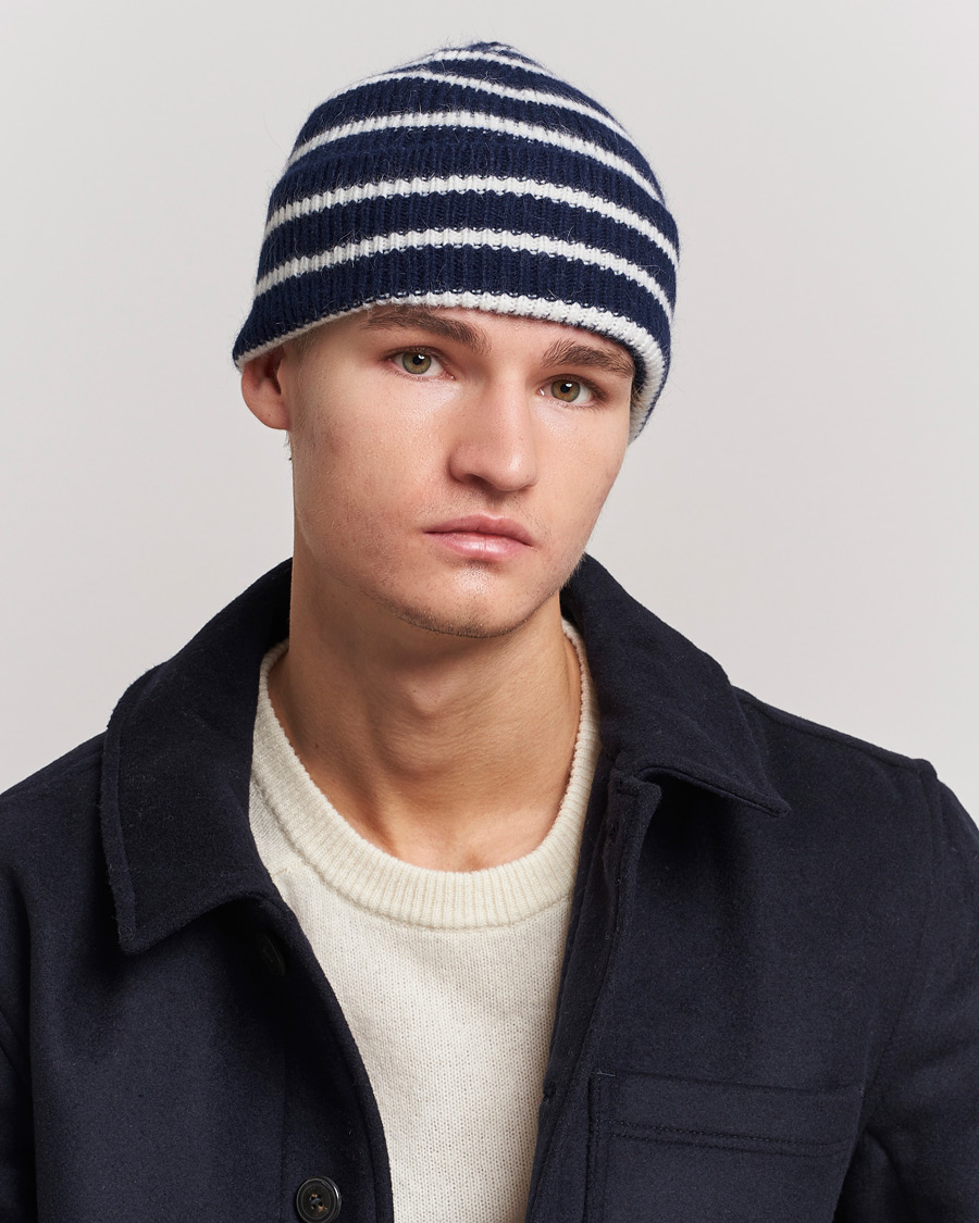 Men | Beanies | Le Bonnet | Lambswool/Caregora Beanie Midnight  Stripe