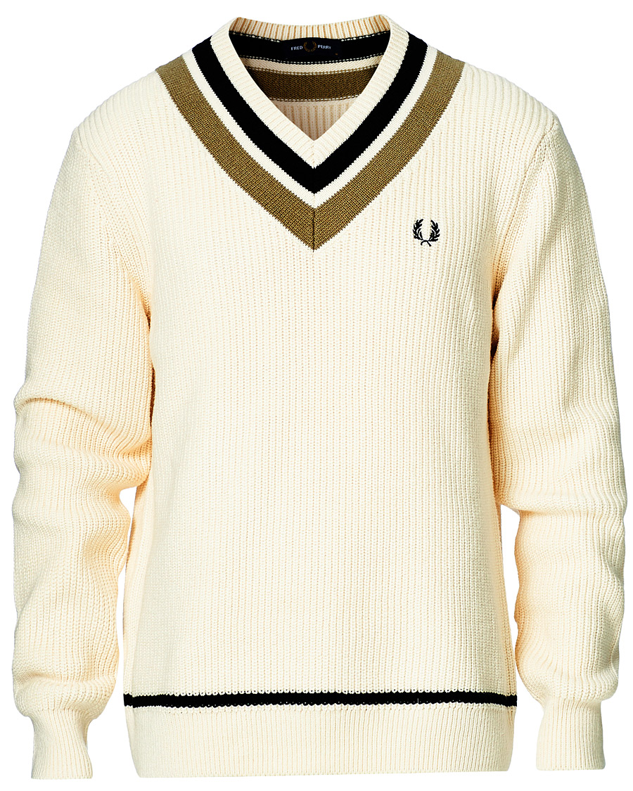 Herre | Gensere | Fred Perry | Striped Knitted V-Neck Jumper Ecru