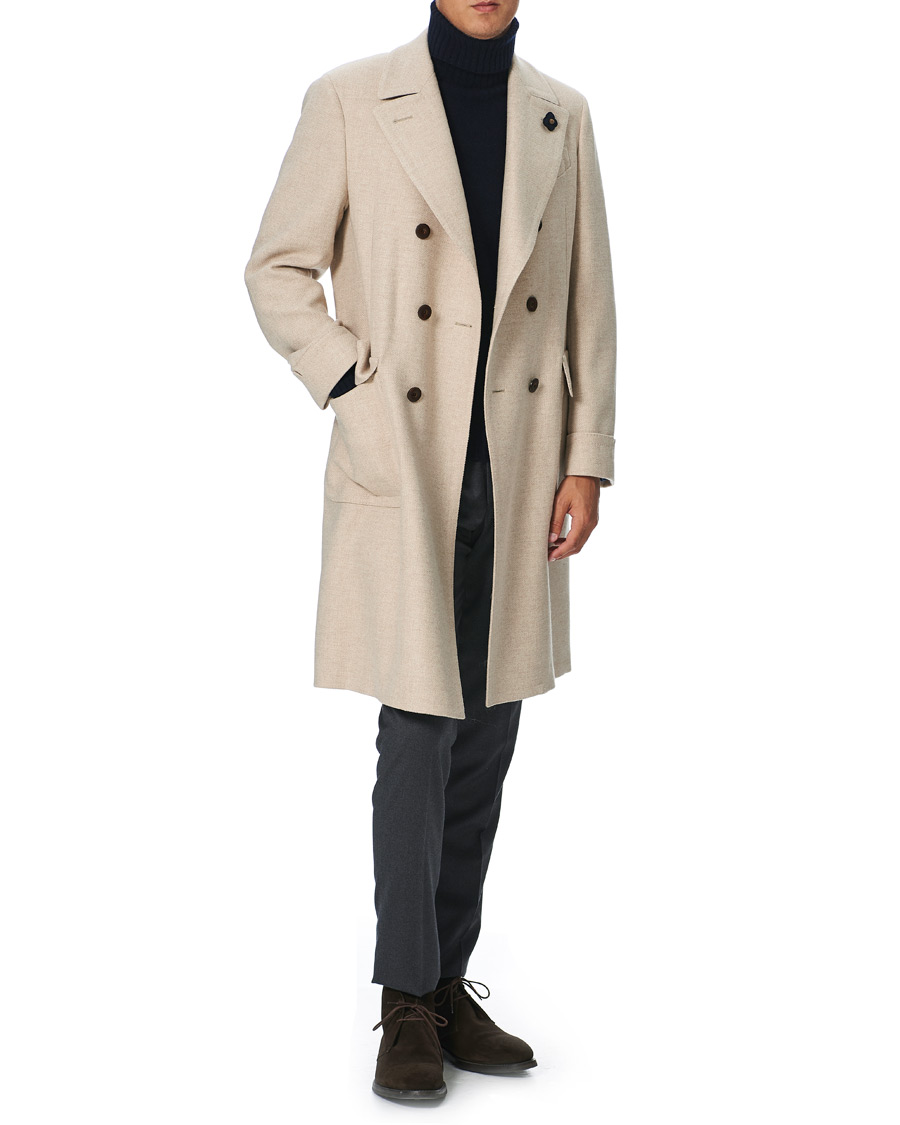 Herre | Jakker | Lardini | Double Breasted Basket Weave Wool Coat Creme