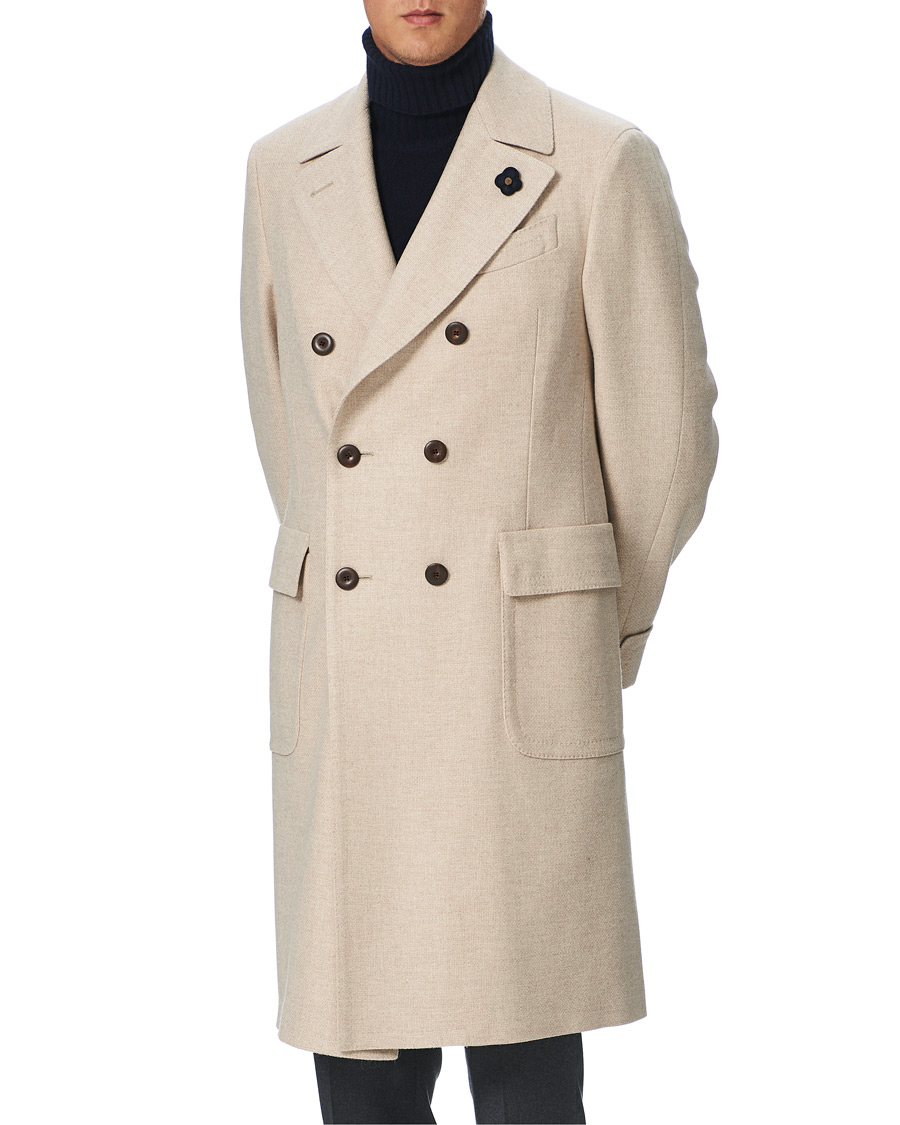 Herre | Jakker | Lardini | Double Breasted Basket Weave Wool Coat Creme