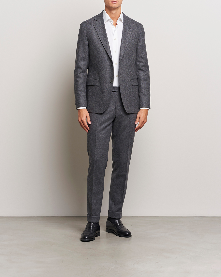Herre | Bukser | Oscar Jacobson | Denz Turn Up Flannel Trousers Grey Melange