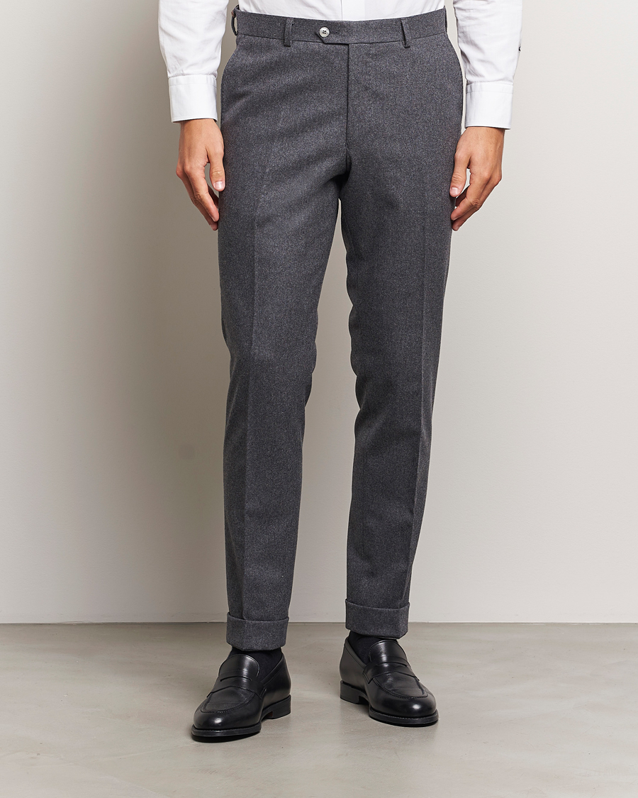 Herre | Bukser | Oscar Jacobson | Denz Turn Up Flannel Trousers Grey Melange
