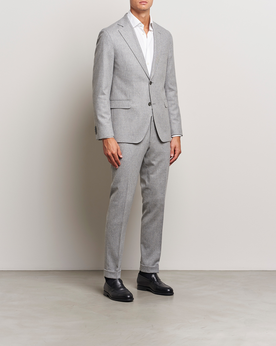 Herre | Bukser | Oscar Jacobson | Denz Turn Up Flannel Trousers Light Grey Melang