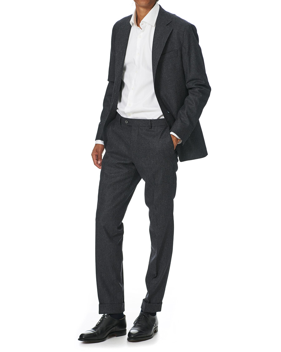 Herre | Bukser | Oscar Jacobson | Denz Turn Up Flannel Trousers Charcoal
