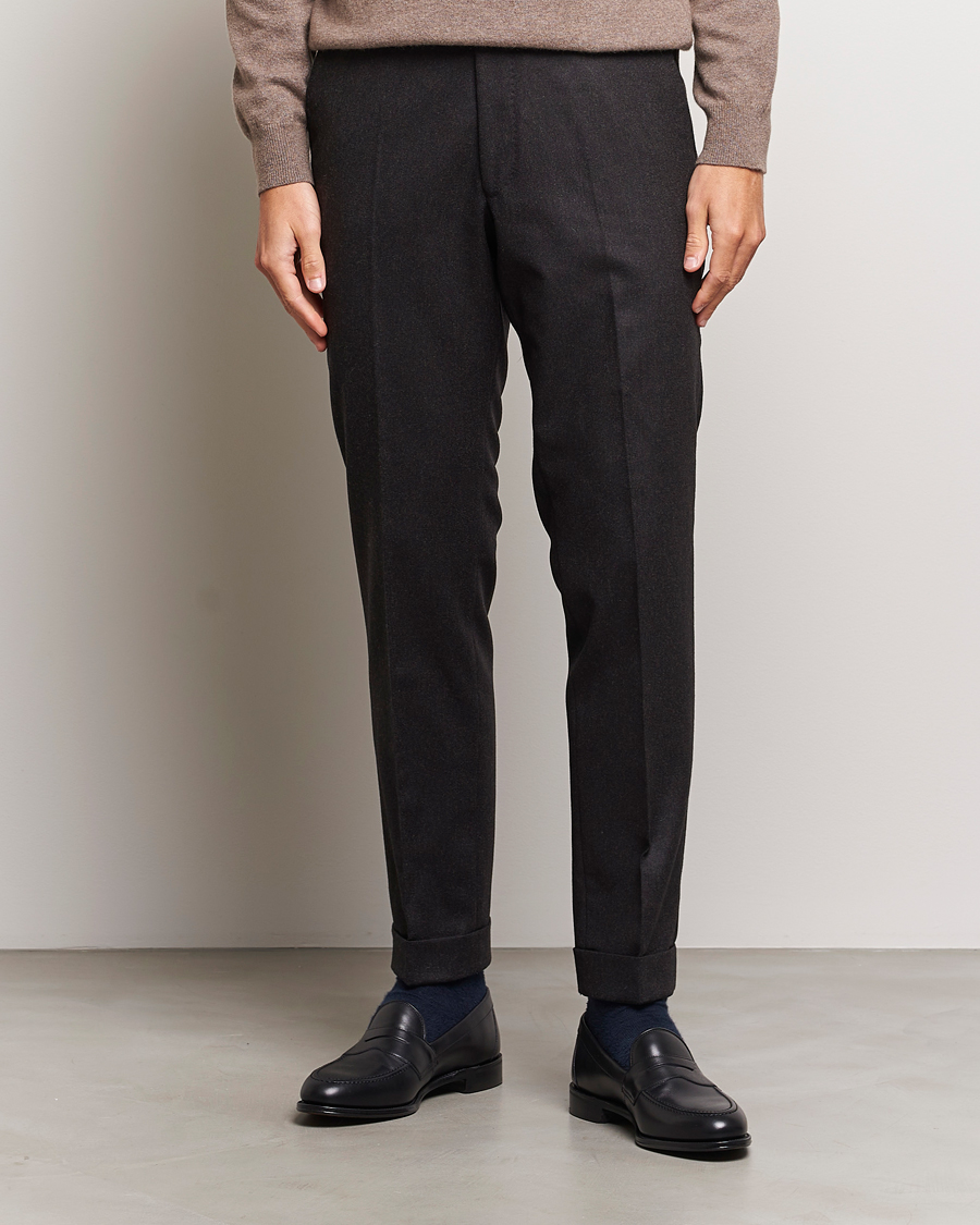 Herre | Bukser | Oscar Jacobson | Denz Turn Up Flannel Trousers Brown Melange