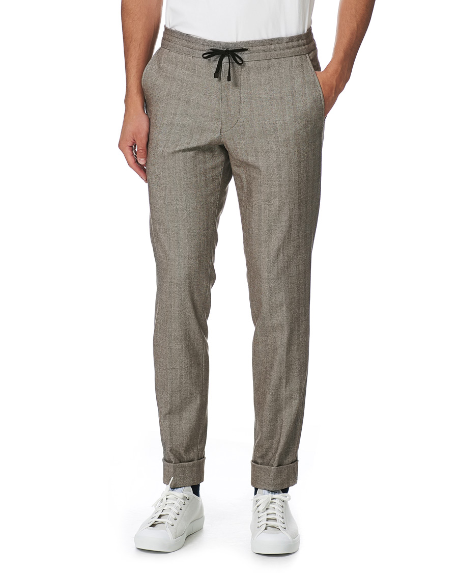 Herre | Bukser | Oscar Jacobson | Nolan Drawstring Herringbone Trousers Light Brown