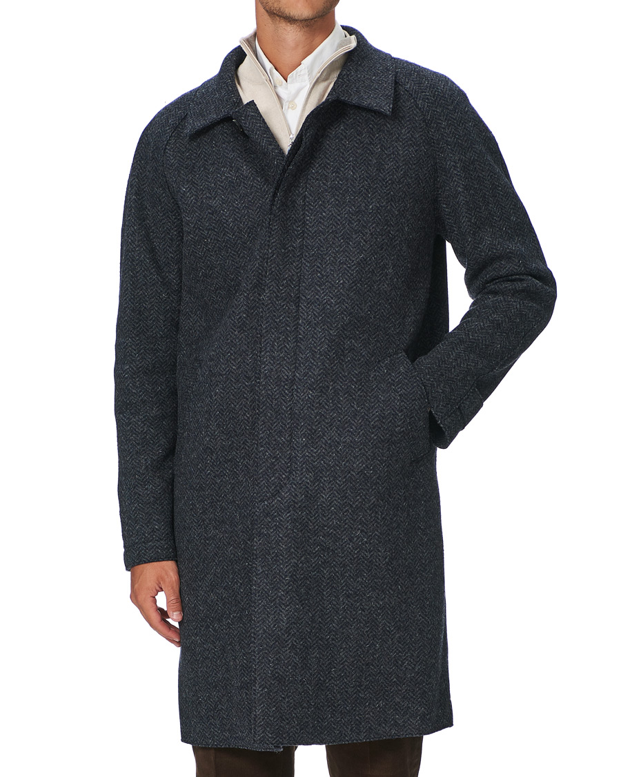 Herre | Jakker | Harris Wharf London | Herringbone Fly Front Raglan Coat Grey Blue
