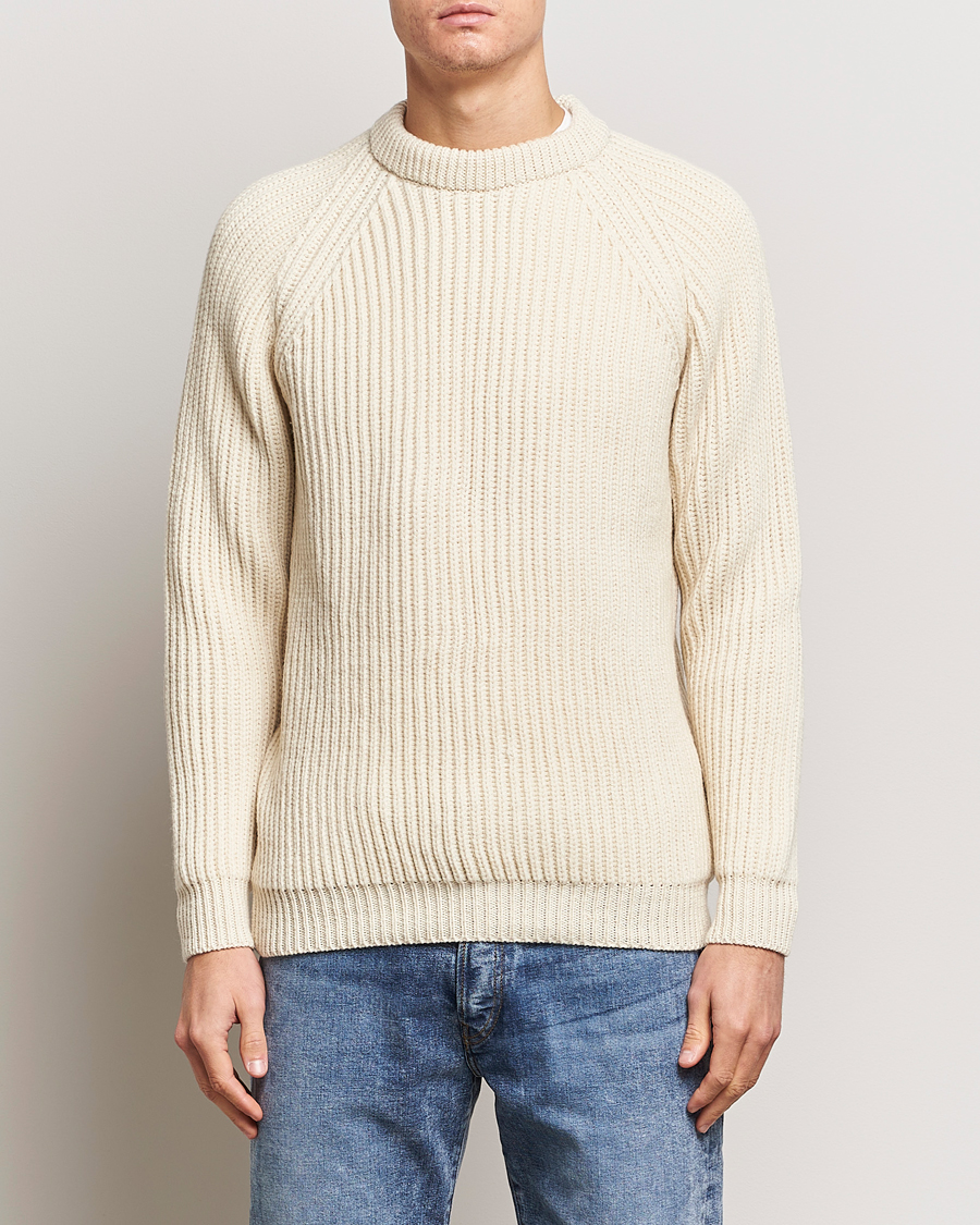 Herre |  | Gloverall | Fisherman Rib Chunky Wool Crew Ecru