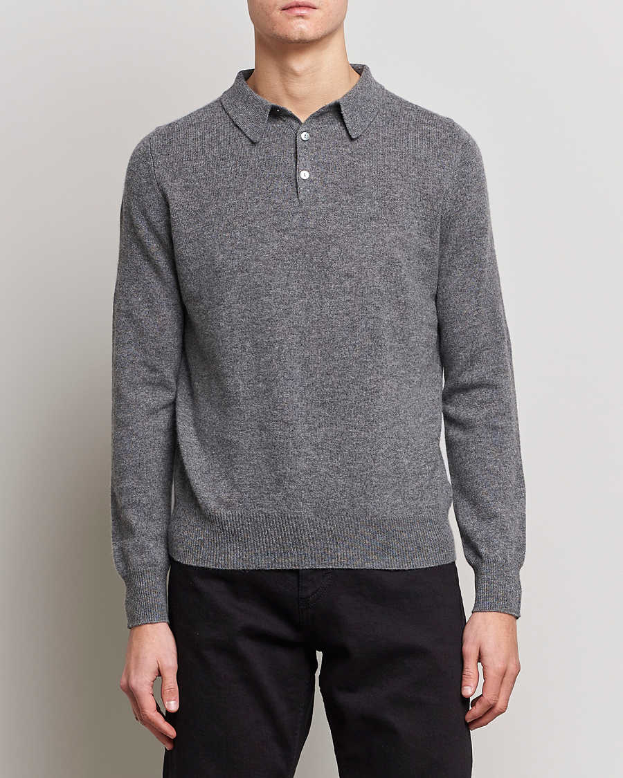Herre | Gensere | People's Republic of Cashmere | Cashmere Long Sleeve Polo Heather Grey