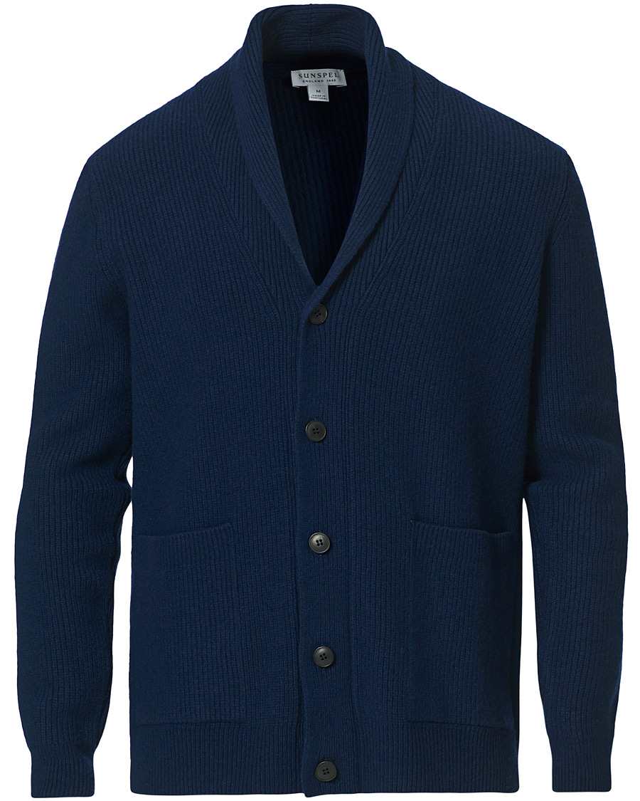 Herre | Gensere | Sunspel | Wool/Cashmere Shawl Neck Cardigan Dark Navy Melange