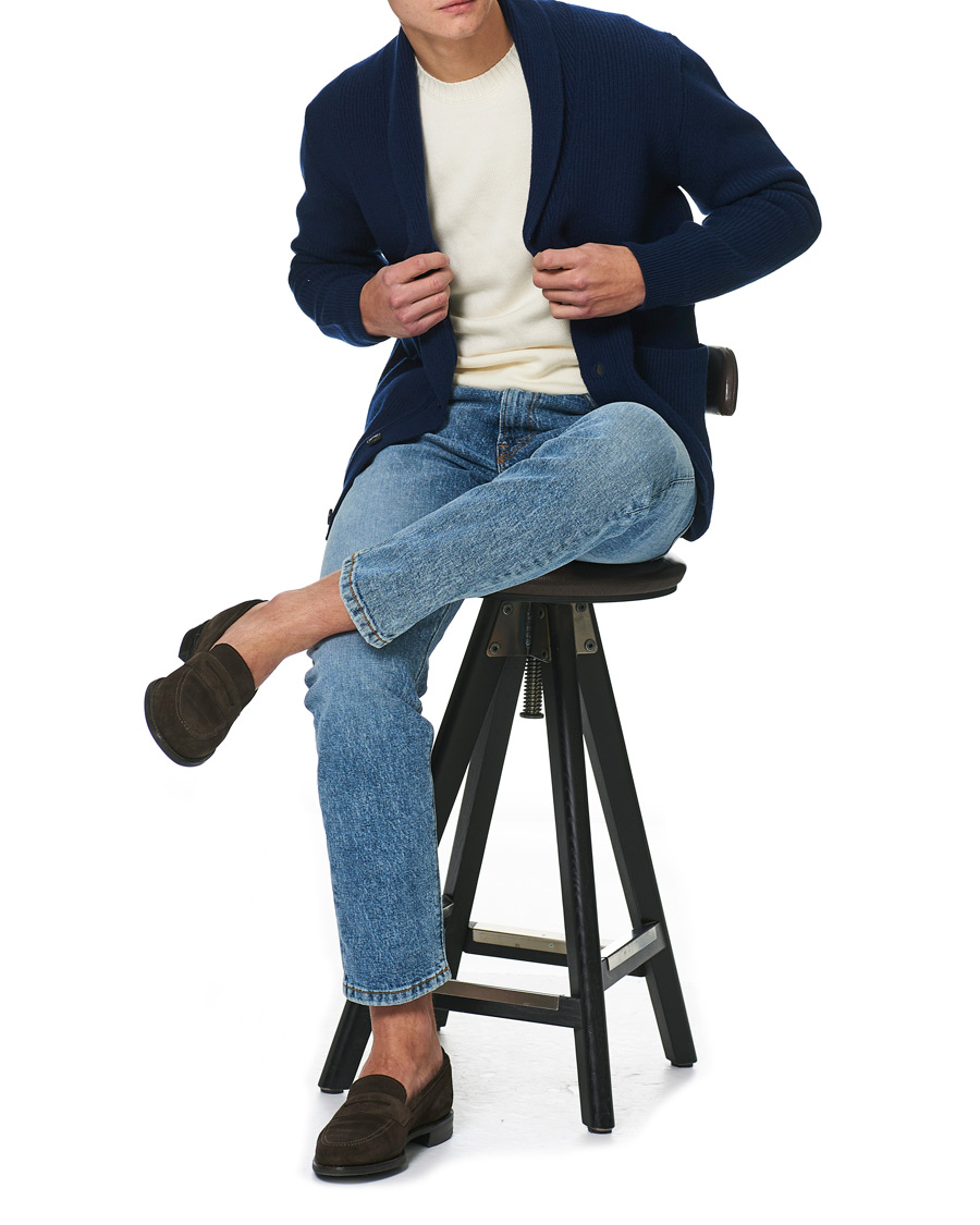 Herre | Gensere | Sunspel | Wool/Cashmere Shawl Neck Cardigan Dark Navy Melange