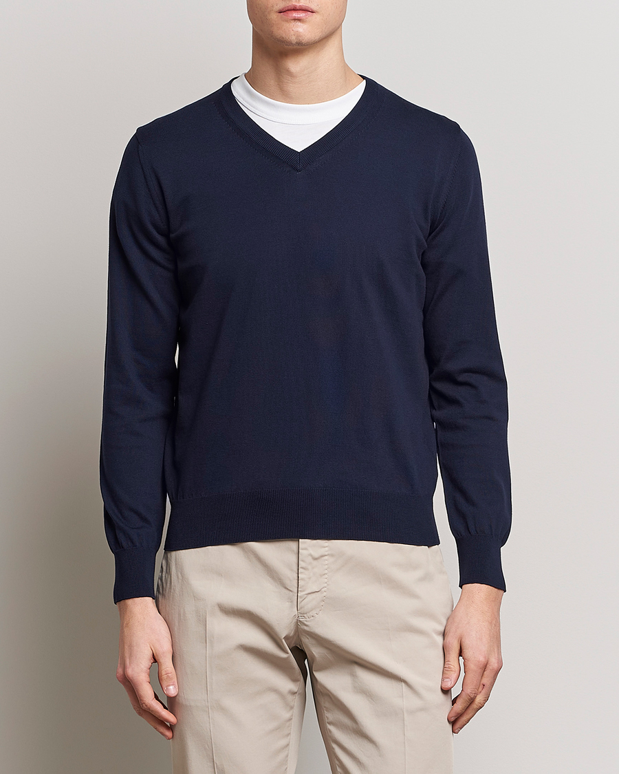 Herre |  | Canali | Cotton V-Neck Pullover Navy