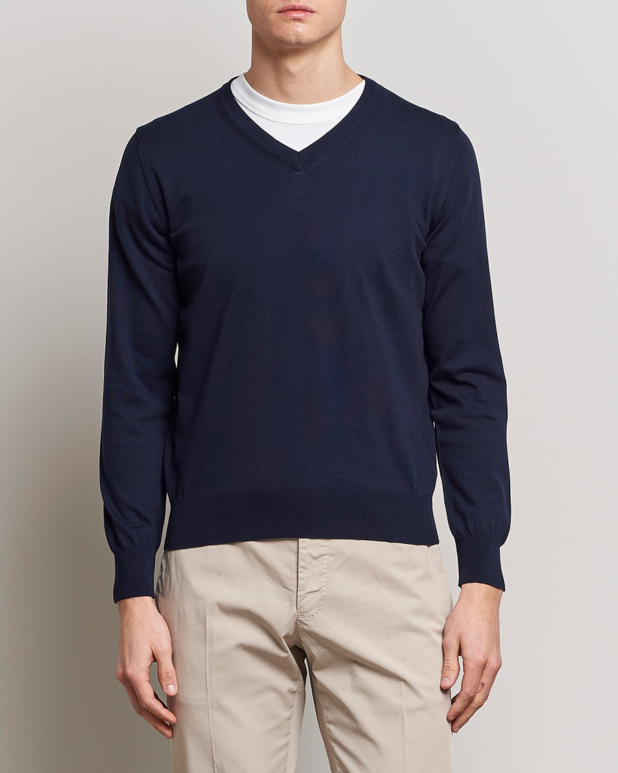 Herre | Canali | Canali | Cotton V-Neck Pullover Navy
