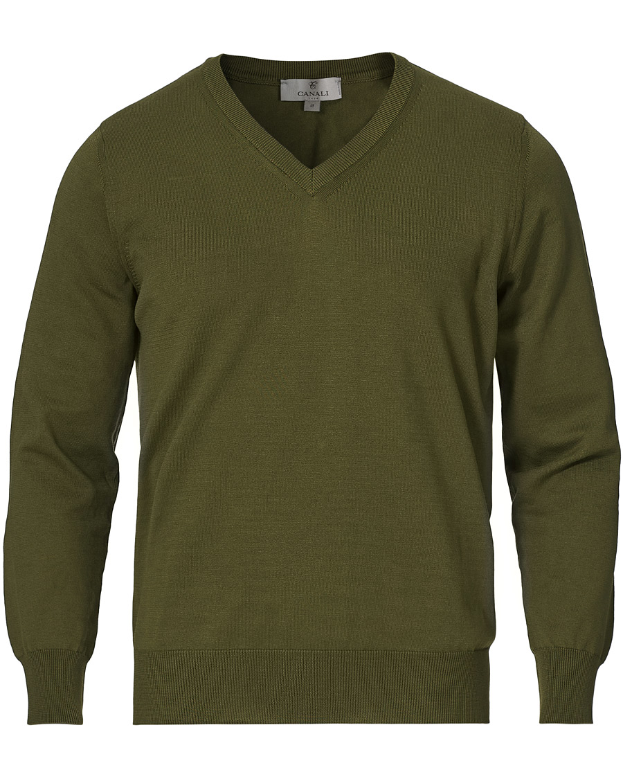 Herre |  | Canali | Cotton V-Neck Pullover Dark Green