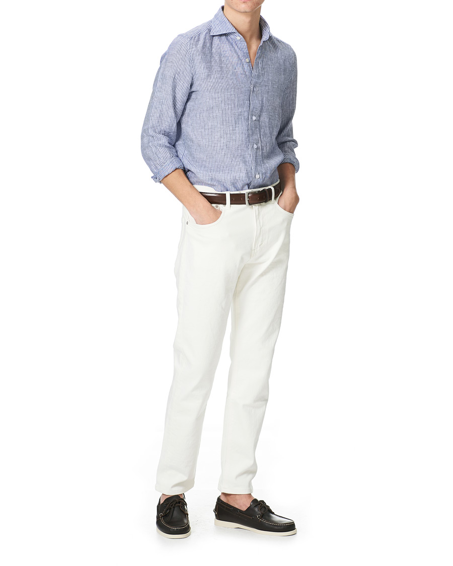 Herre | Skjorter | Finamore Napoli | Tokyo Slim Fit Striped Linen Shirt White/Blue