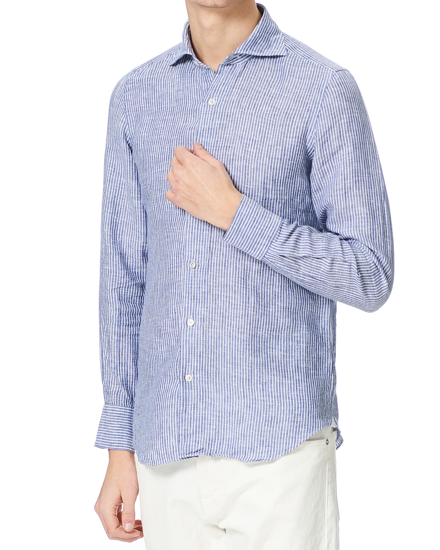 Herre | Skjorter | Finamore Napoli | Tokyo Slim Fit Striped Linen Shirt White/Blue
