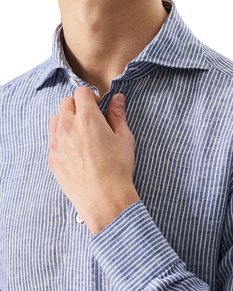 Herre | Skjorter | Finamore Napoli | Tokyo Slim Fit Striped Linen Shirt White/Blue