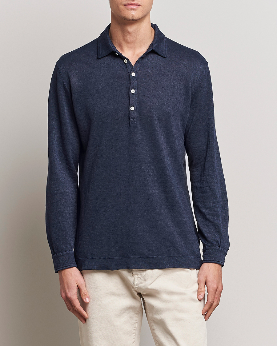 Herre |  | Massimo Alba | Raya Long Sleeve Linen Polo Navy