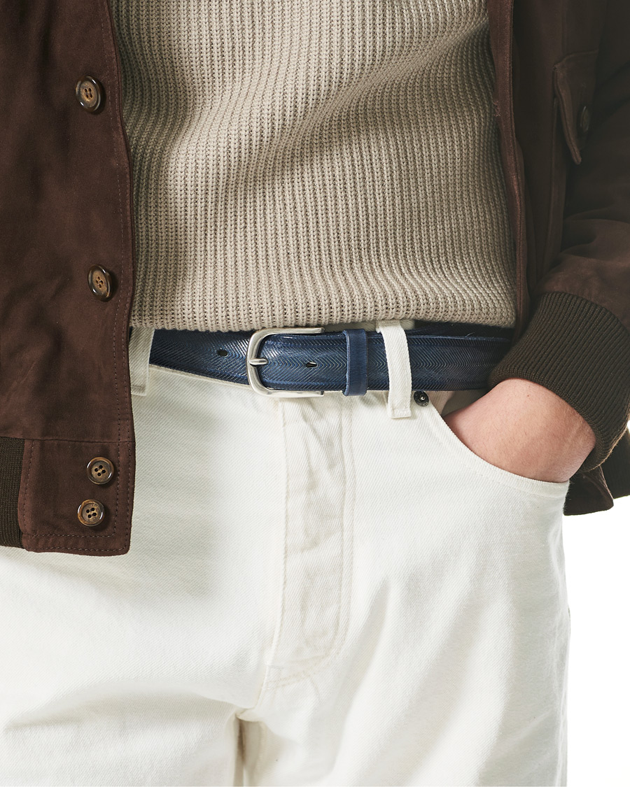 Herre | Orciani Herringbone Leather Belt 3,5 cm Denim Blue | Orciani | Herringbone Leather Belt 3,5 cm Denim Blue