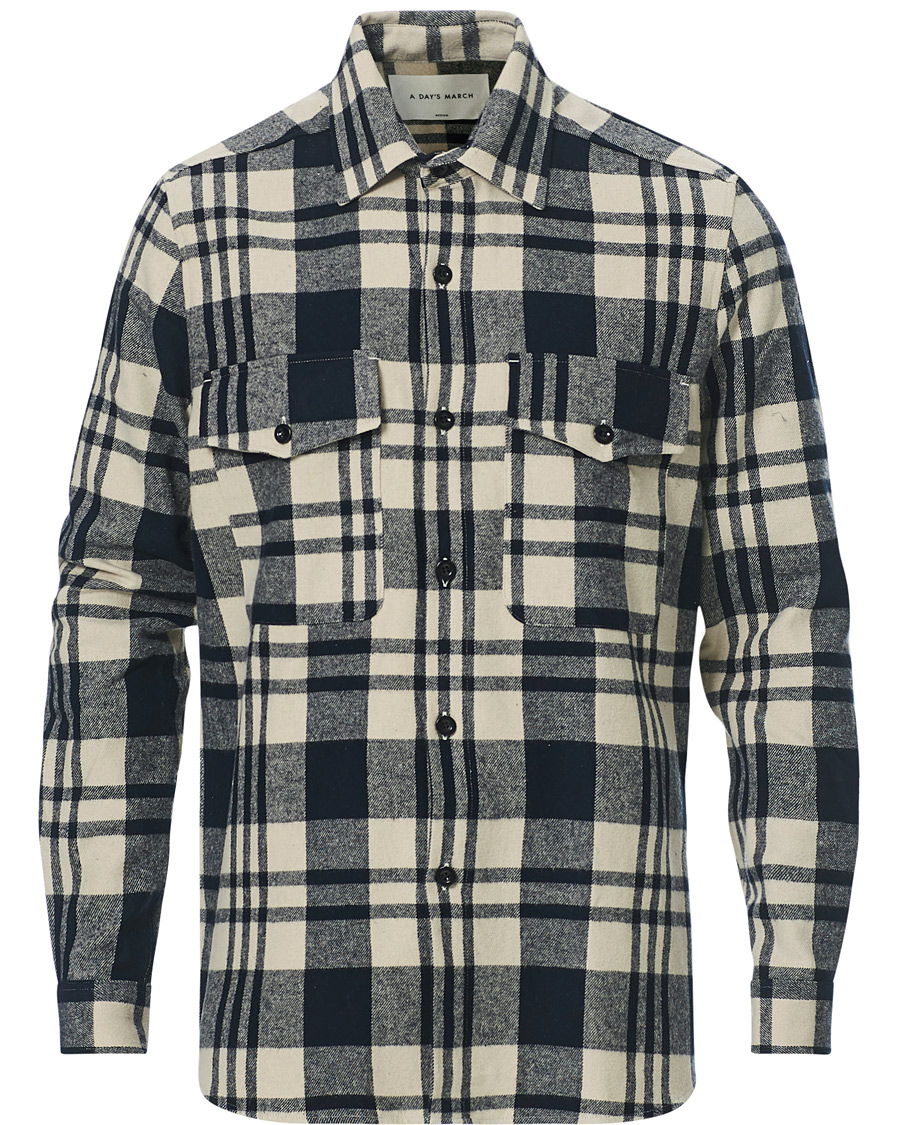 Herre | Skjorter | A Day's March | Cardiff Checked Flannel Shirt Off White/Navy
